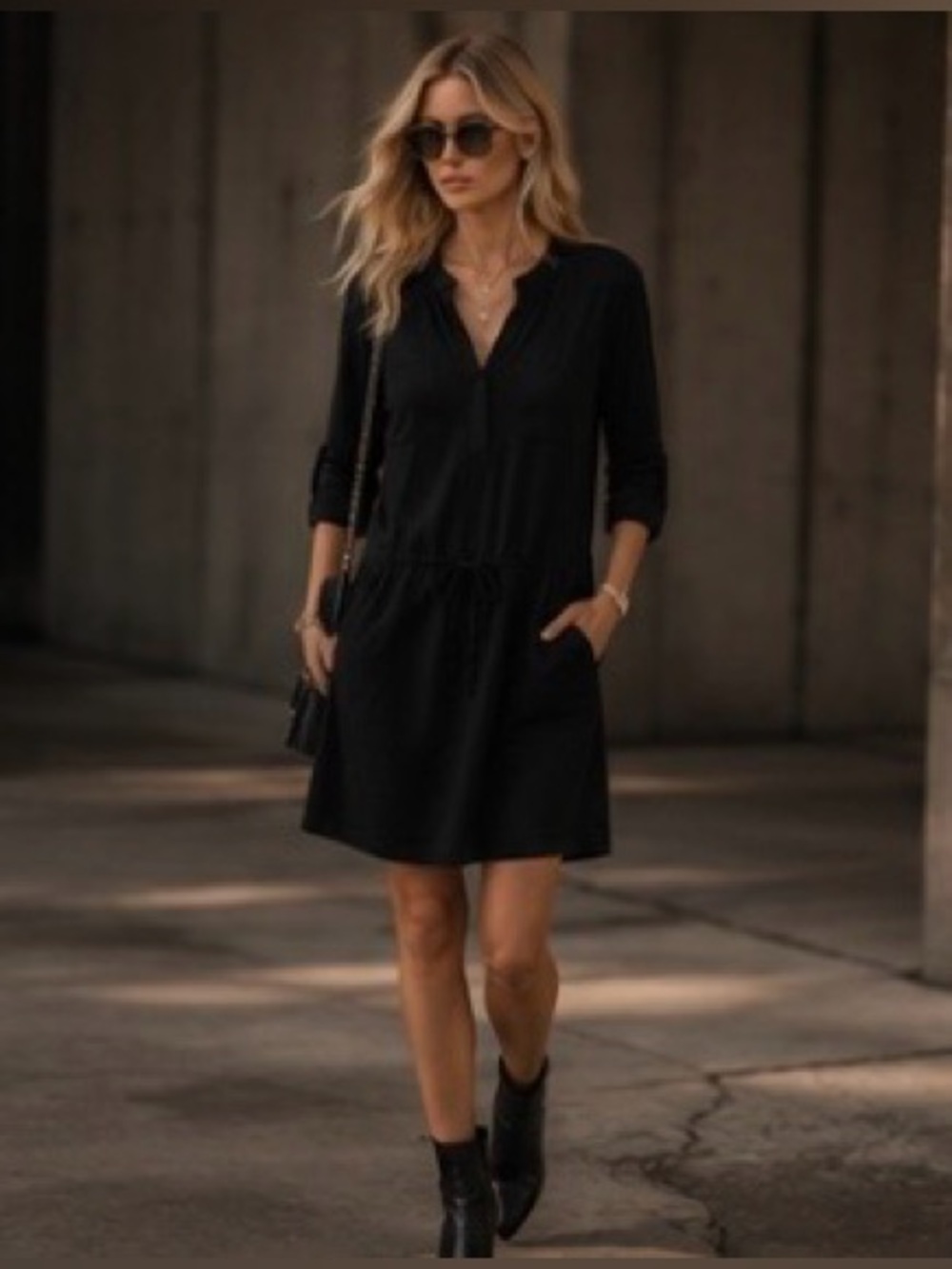 James Perse Cotton Modal Drawstring Shirt Dress Black Size 4 Casual Luxe NWOT